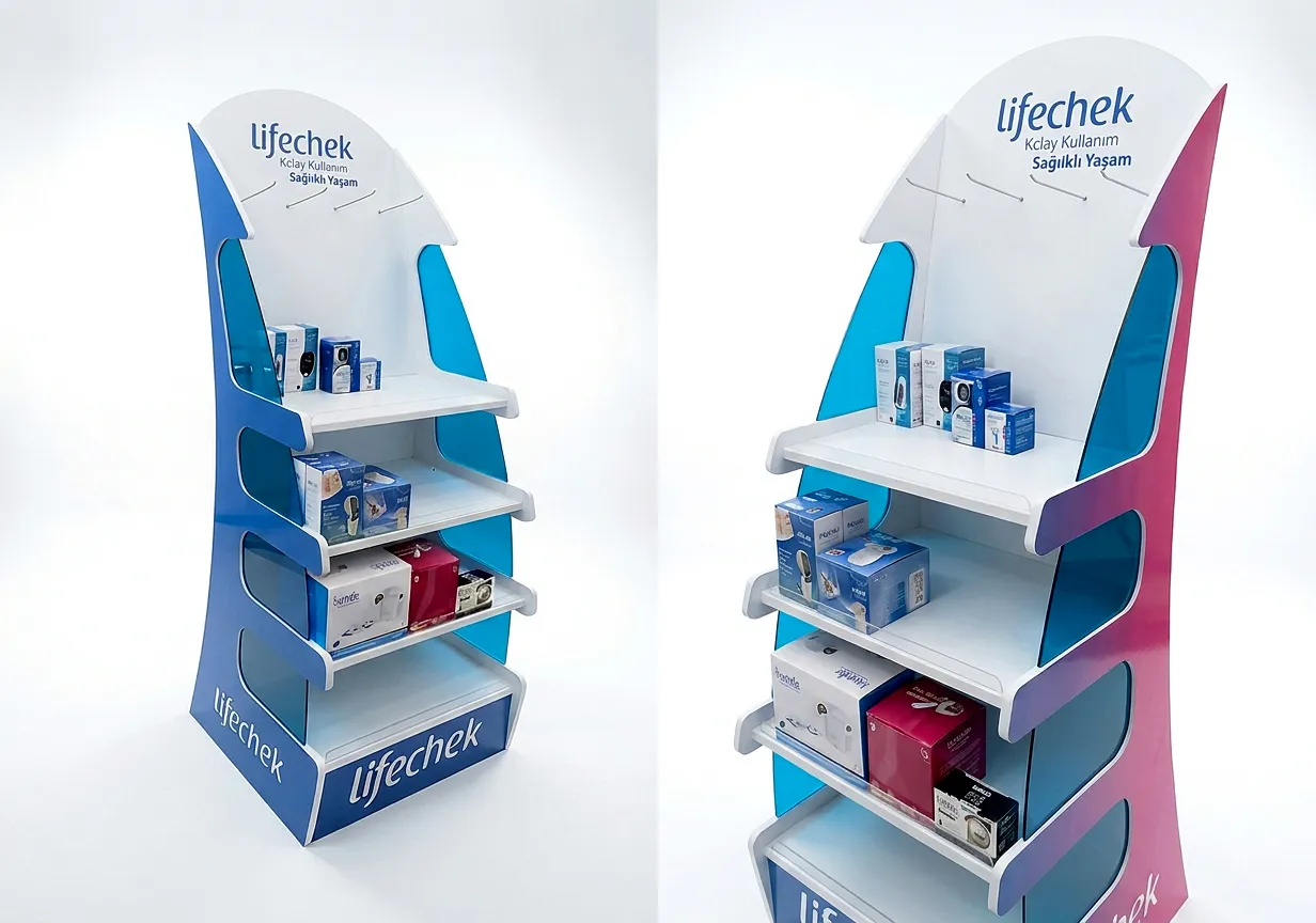 Lifechek için üretilen raflı ayaklı medikal ürün teşhir standı