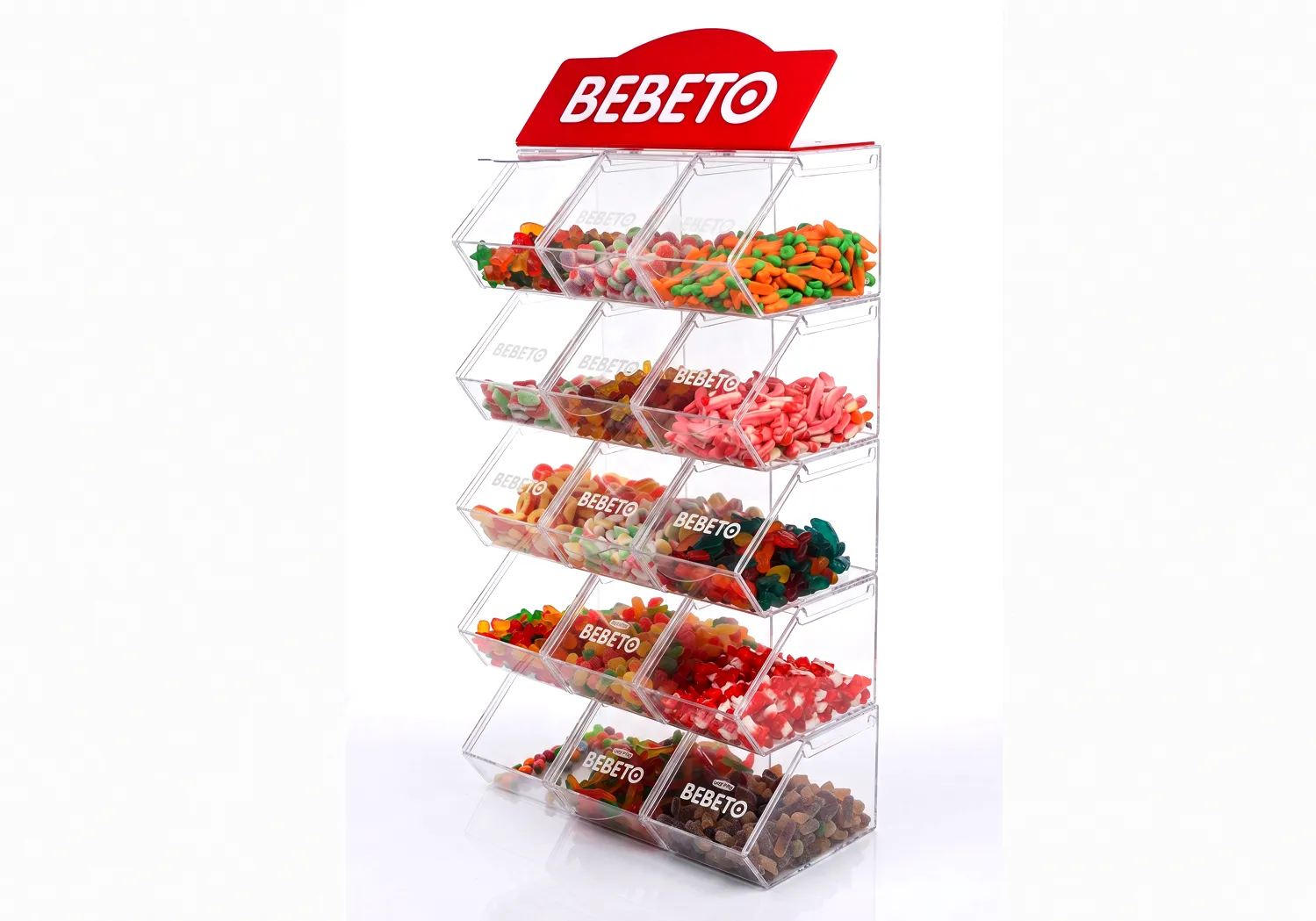 Bebeto pleksi şekerleme standı, şeffaf akrilik hazneli tezgah üstü şekerleme teşhir standı