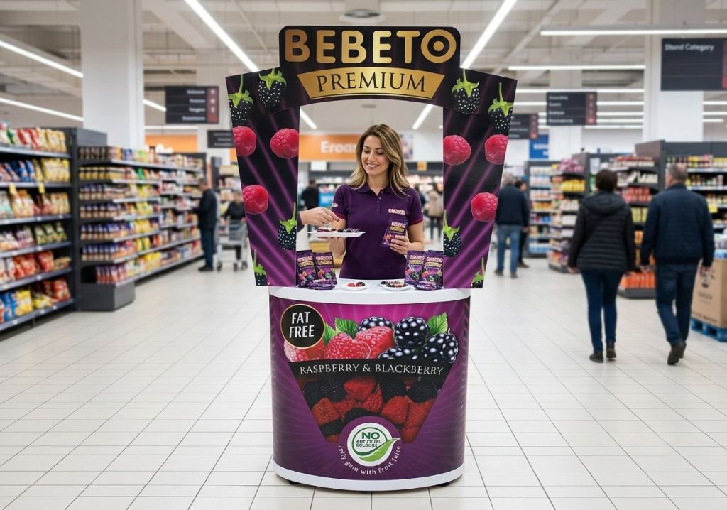 Bebeto şekerleme ürünlerinin tanıtımı ve tadım etkinlikleri için tasarlanan Bebeto Premium mağaza içi tanıtım standı.