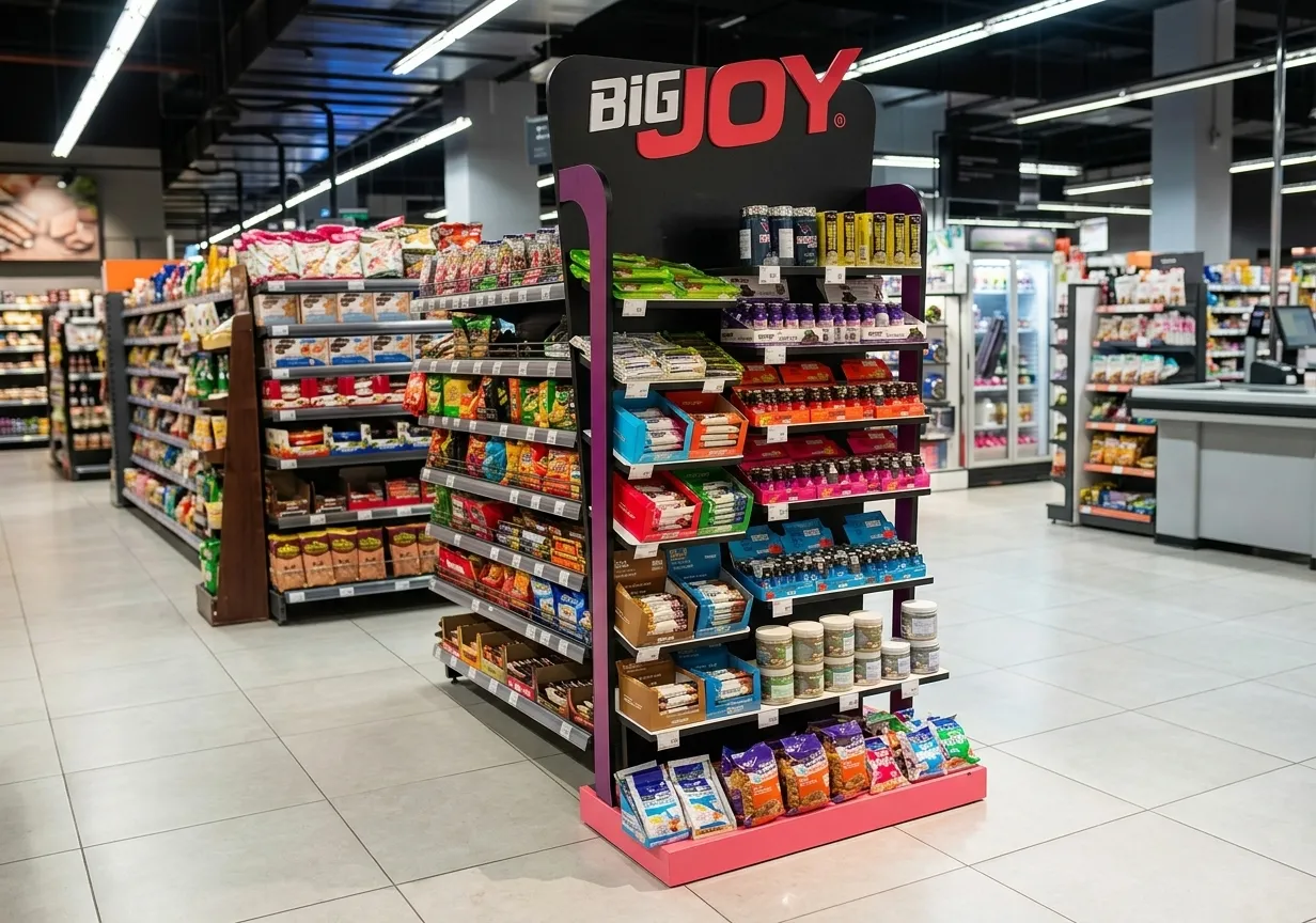 Big Joy ahşap gondol giydirme standının markette ürünlerle kullanımı