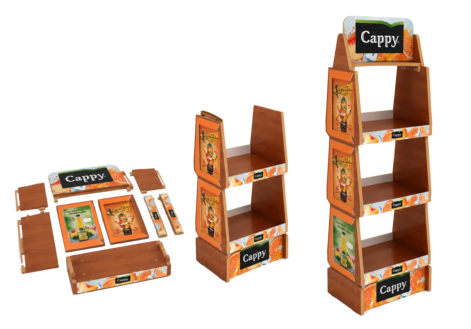Cappy Demonte Modüler Ahşap Stand Cappy demonte modüler ahşap stand – ürünlü ve boş kullanım görünümü