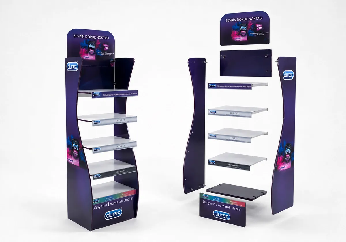 Durex demonte ayaklı kondom standı patentli tasarım ve modüler raf sistemi