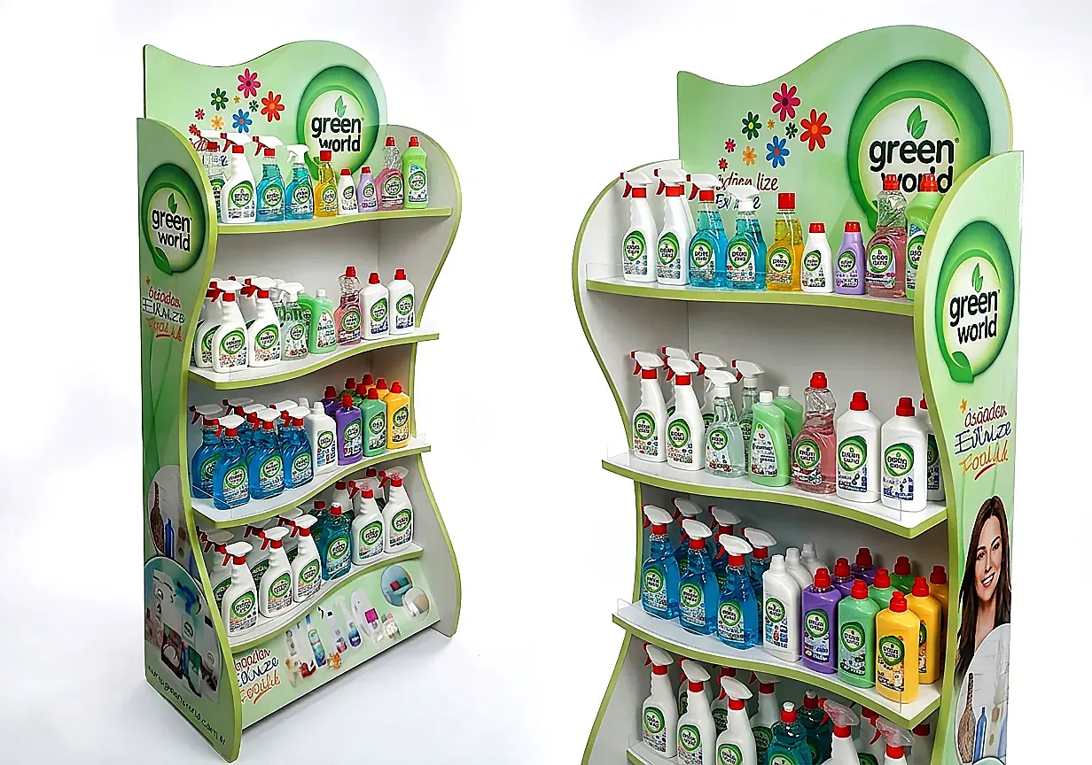 Greenworld ev kozmetiği ve temizlik ürünleri için ahşap ayaklı teşhir standı