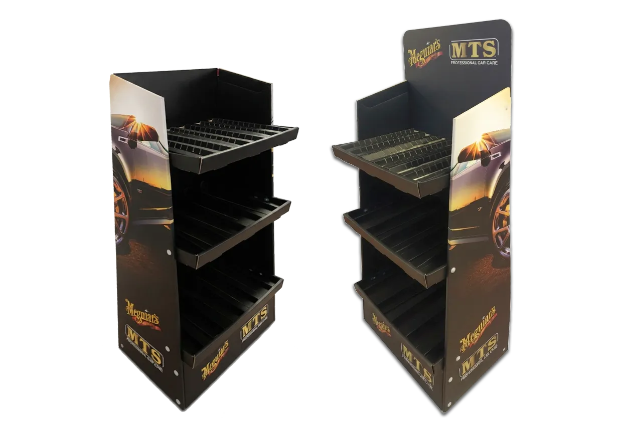 Meguiar’s MTS araç bakım ürünleri için üretilen raflı ayaklı karton stand