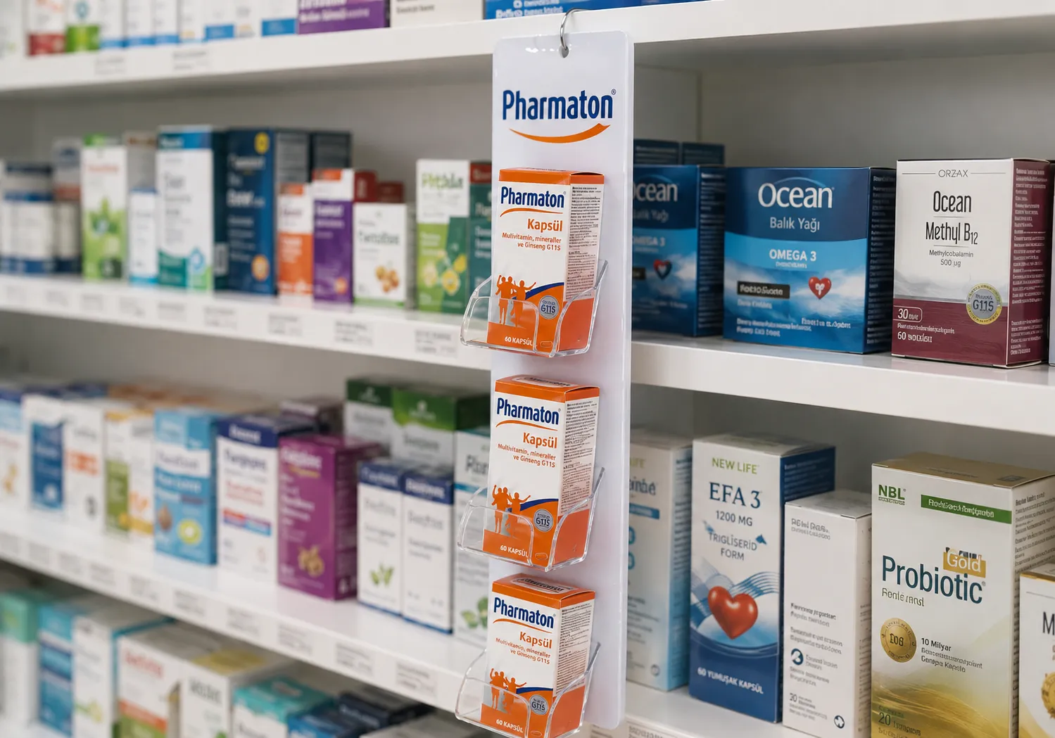 Pharmaton multivitamin kapsül ürünlerinin eczane rafında sergilendiği şeffaf cepli asalak stand