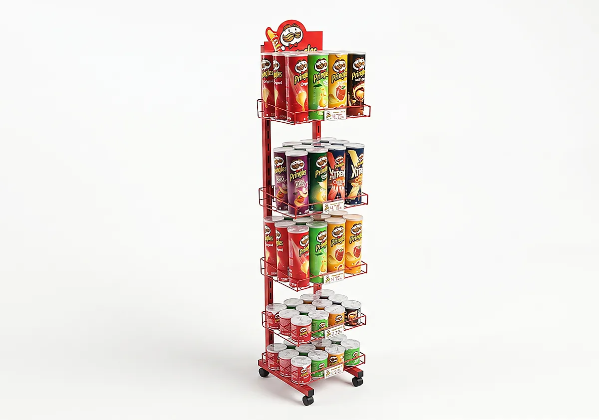 Pringles cips ürünleri için üretilmiş tekerlekli metal tel raflı ayaklı cips standı