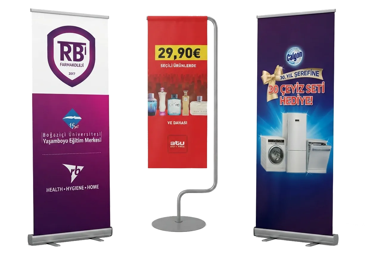 Roll Up Banner Baskı Sistemleri Fuar ve etkinlikler için baskılı roll up banner stand sistemleri