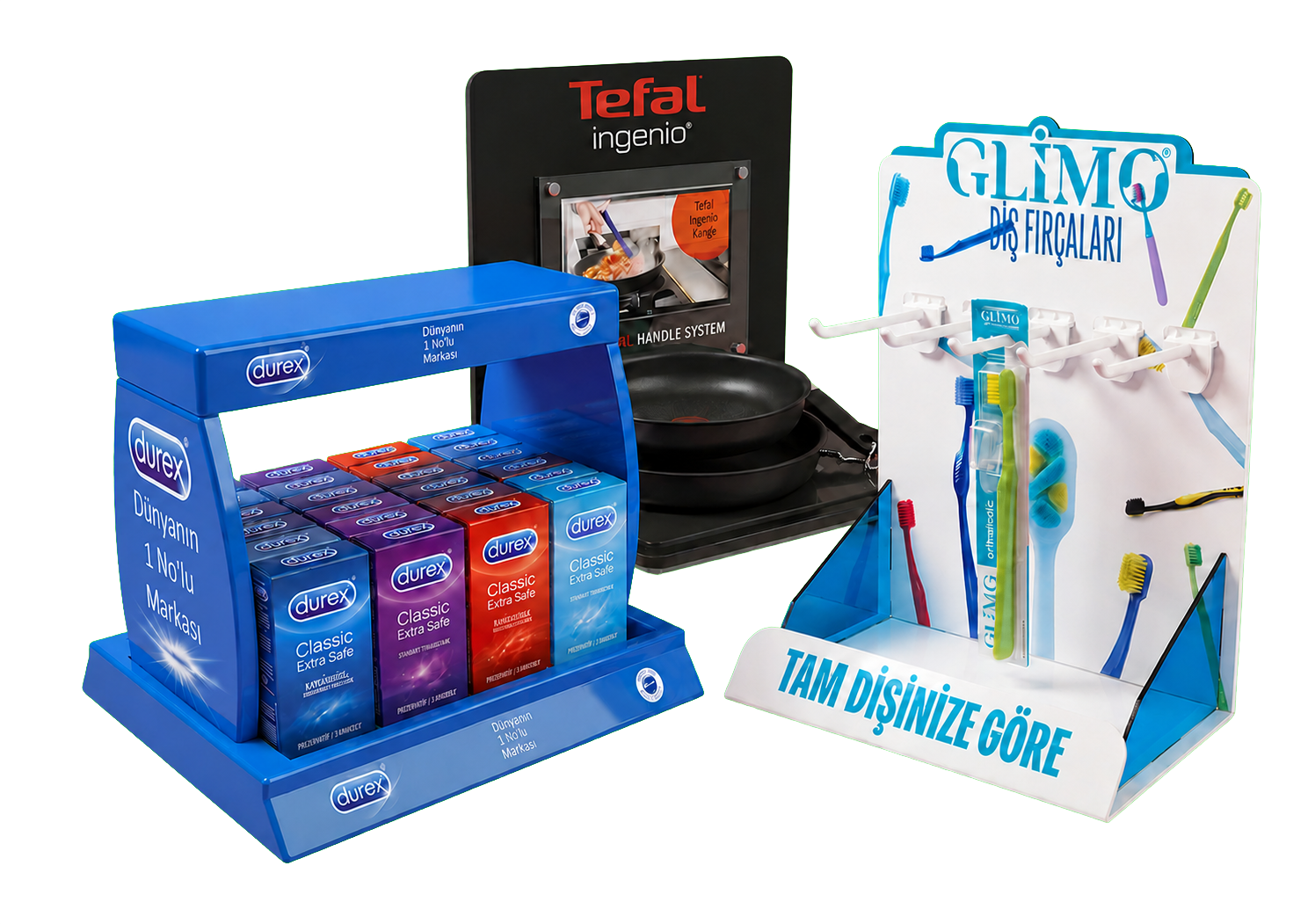 Countertop Stand Design and Production Durex, Tefal ve Glimo markaları için üretilmiş tezgâh üzeri stand örnekleri
