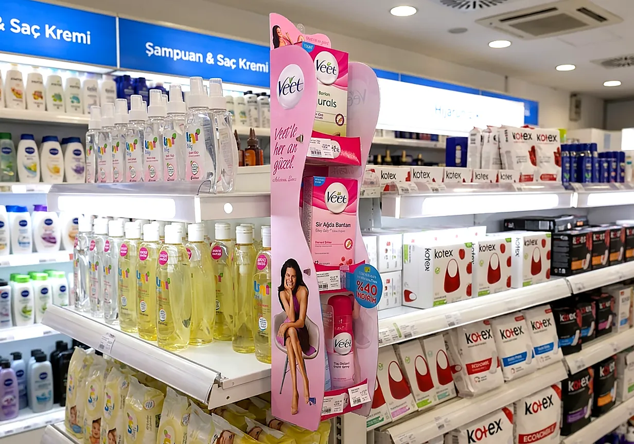 Veet ağda bandı ve tüy dökücü ürünlerinin kişisel bakım reyonunda sergilendiği asalak stand