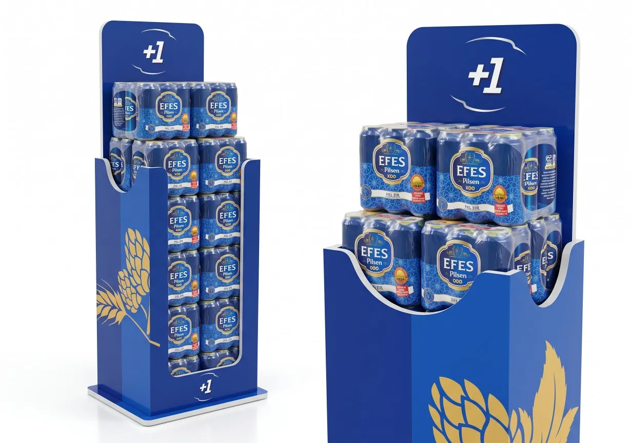 Efes Ayaklı Ahşap İçecek Standı ürün teşhir uygulaması