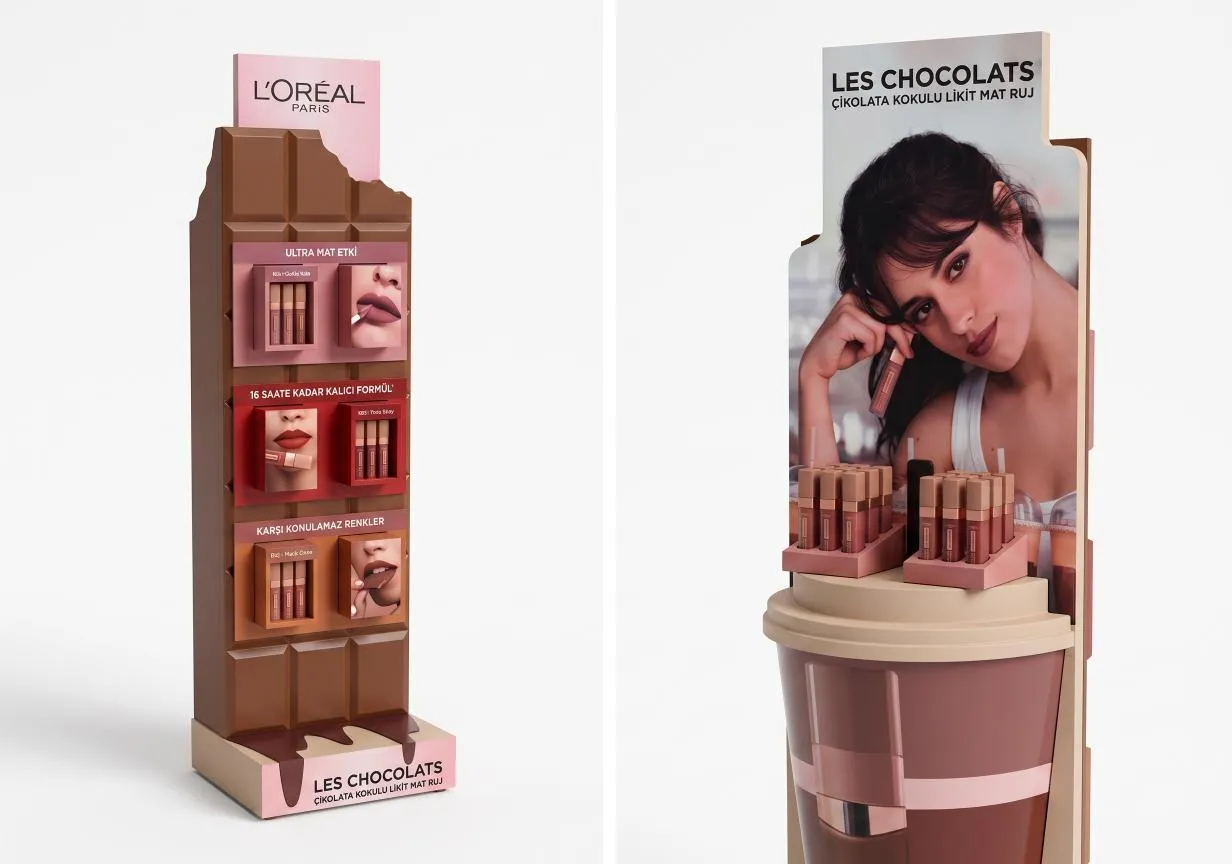 L'Oréal Les Chocolats Ayaklı Ruj Standı projesinin öne çıkan görseli. L'Oréal Les Chocolats likit ruj serisi için geliştirilen Ayaklı Stand uygulamasını gösterir.