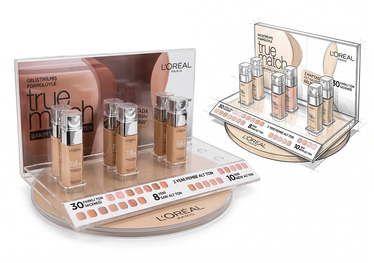 L’Oréal True Match OTC Stand; markanın ürünlerini satış noktasında sergileyen profesyonel teşhir uygulaması.
