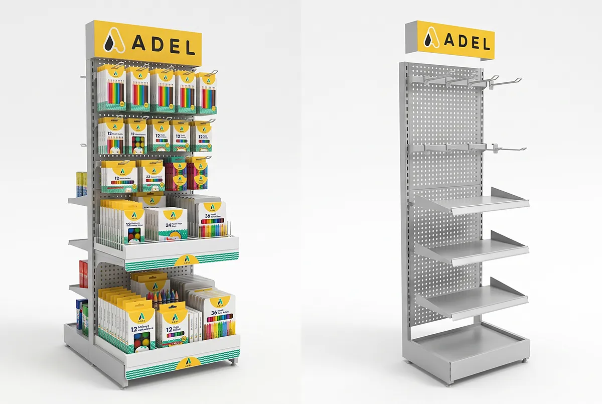 Adel Demonte Ayaklı Metal Kırtasiye Standı – bayi ağı, kırtasiye mağazaları ve modern perakende noktaları için geliştirilen profesyonel POSM teşhir uygulaması.