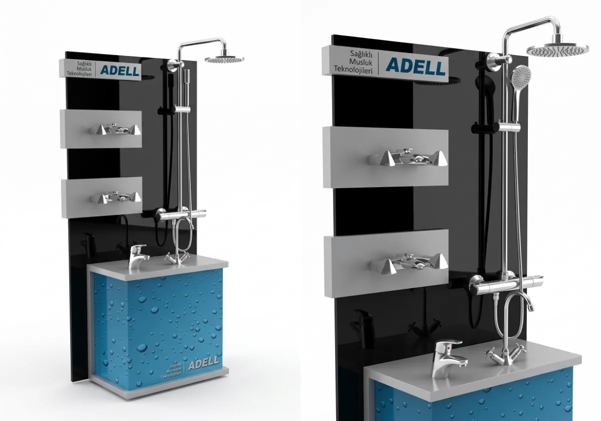 Adell Ahşap Armatür Standı – banyo ve mutfak armatürleri için özel satış noktası standı