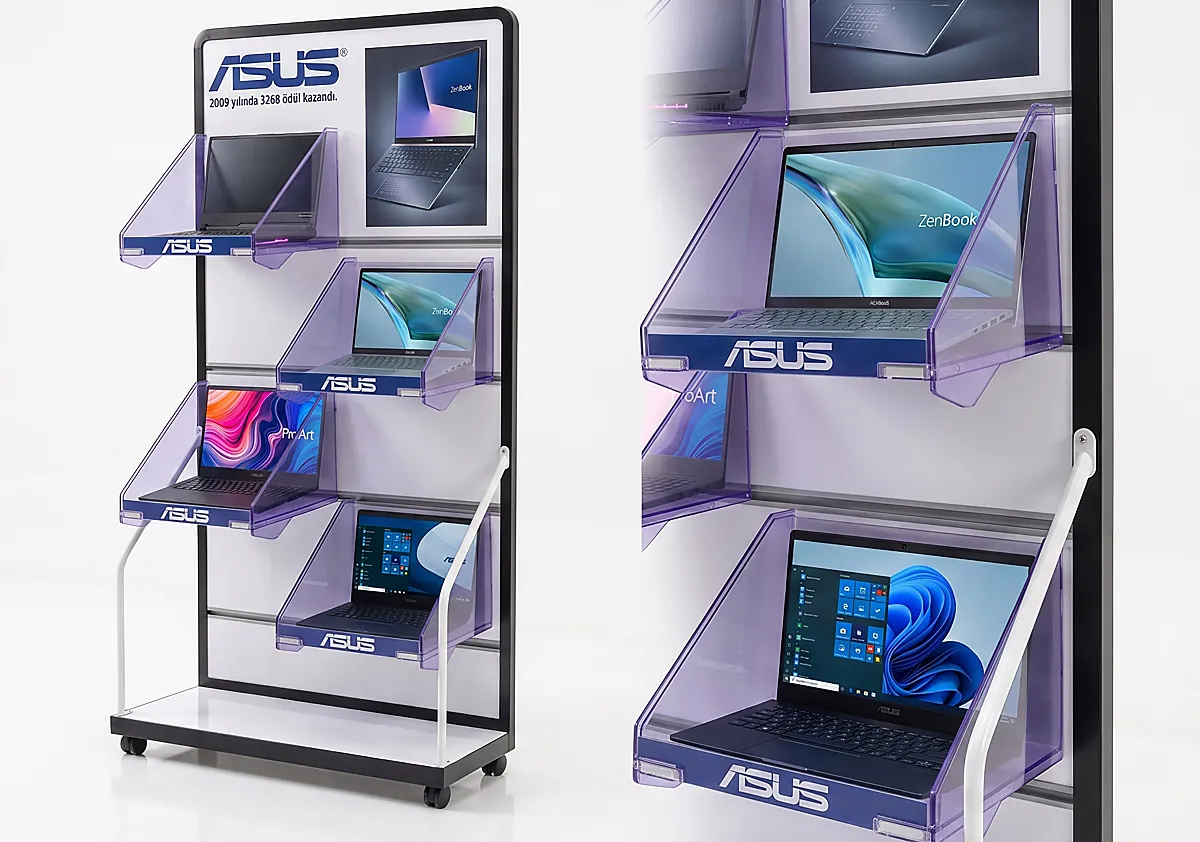 ASUS dizüstü bilgisayarlar için üretilen metal ve pleksi ayaklı teşhir standı