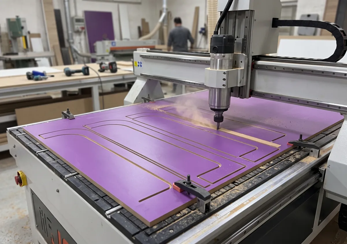 Big Joy gondol standının mor MDF parçalarının CNC router ile işlenmesi