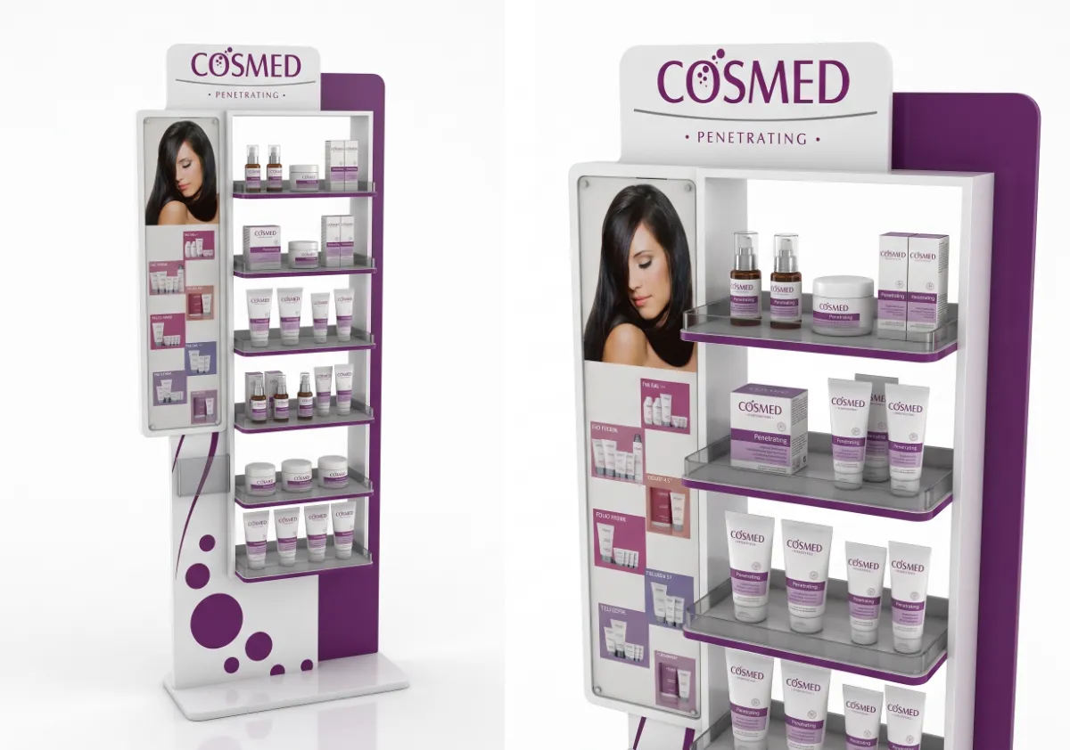 Cosmed Ahşap Cilt Bakım Ürünleri Standı – Cosmed markası için özel tasarım teşhir standı