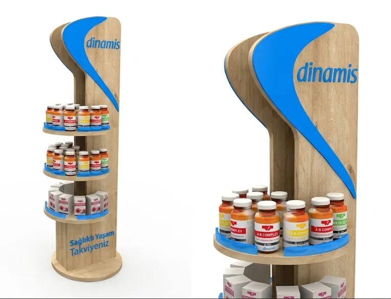 Dinamis Ahşap Besin Takviyesi Ada Tipi Stand – eczanelerin orta alanları, sağlık mağazaları ve geniş OTC satış bölgeleri için geliştirilen profesyonel POSM teşhir uygulaması.