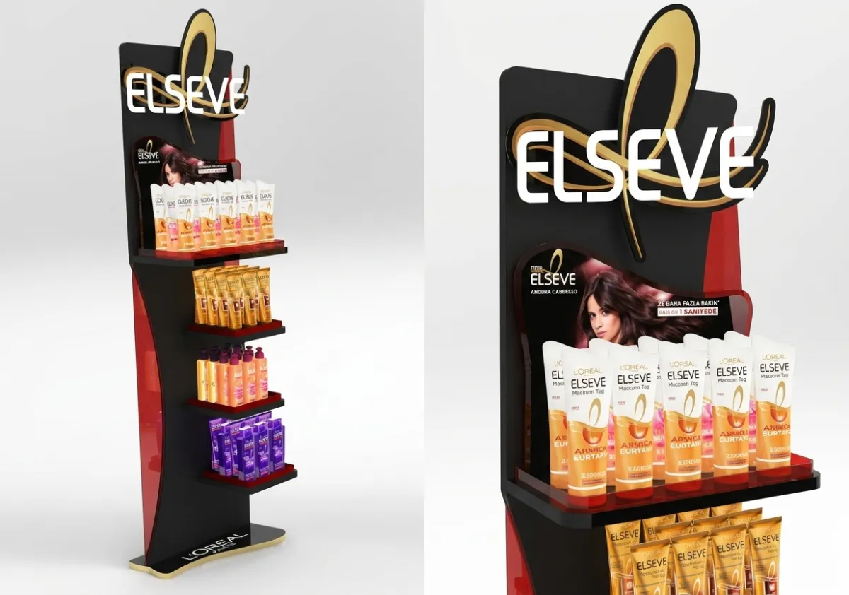Elseve Ayaklı Ahşap Şampuan Standı – kozmetik zincirleri, süpermarketler ve kişisel bakım koridorları için geliştirilen ahşap / mdf POSM teşhir uygulaması.