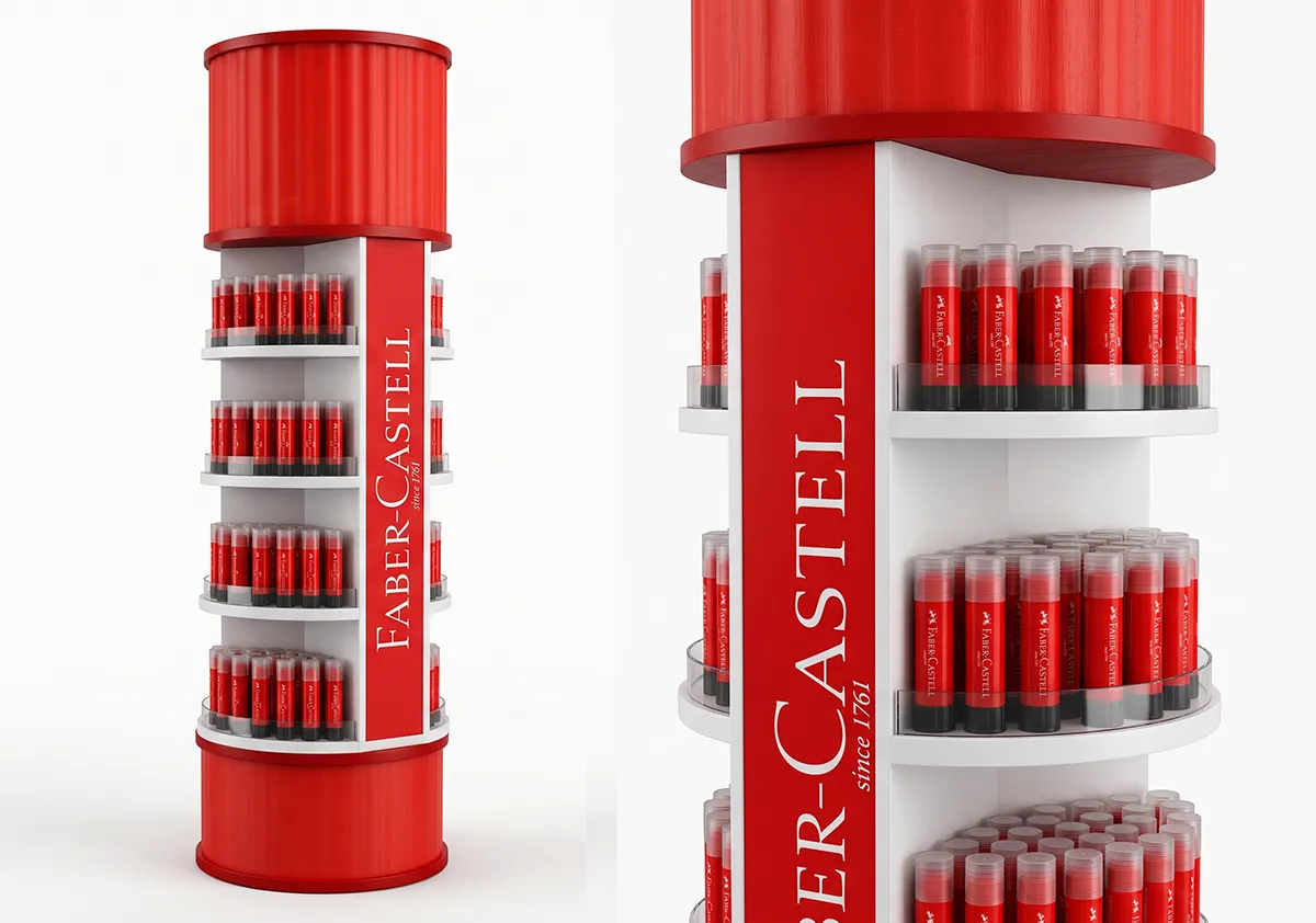 Faber-Castell Ayaklı Yapıştırıcı Standı – kırtasiye mağazaları, hipermarketler ve okul sezonu kampanya alanları için geliştirilen profesyonel POSM teşhir uygulaması.