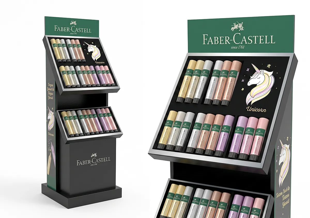 Faber-Castell Çift Raflı Kalem Standı – kırtasiye zincirleri, kitap mağazaları ve seçkin perakende noktaları için geliştirilen profesyonel POSM teşhir uygulaması.