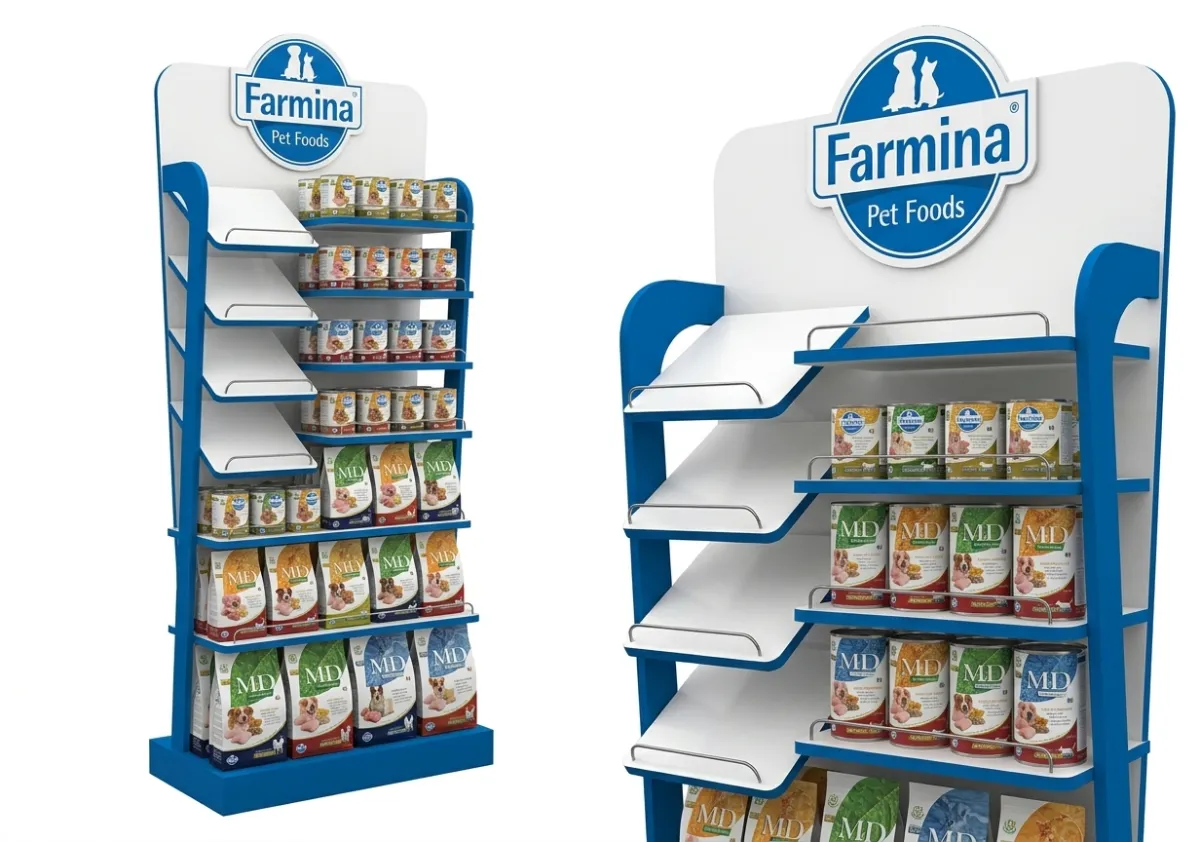 Farmina Ahşap Kedi ve Köpek Maması Standı – pet shoplar, veteriner klinikleri ve seçkin marketlerin evcil hayvan reyonları için geliştirilen ahşap / mdf POSM teşhir uygulaması.