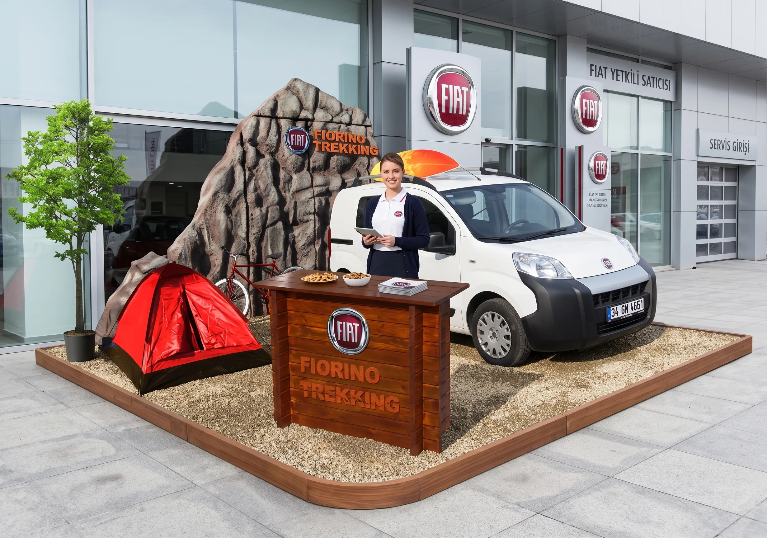 Fiat Fiorino Trekking modelini outdoor yaşam temasıyla tanıtan; araç platformu, kaya dekoru, çadır, bisiklet ve karşılama bankosundan oluşan bayi aktivite standı.