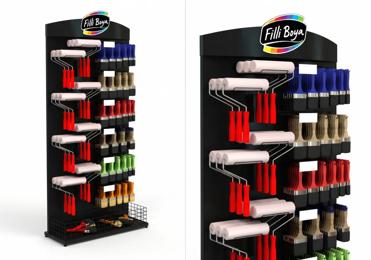 Filli Boya ayaklı metal fırça rulo standı – boya aksesuarları için dayanıklı POS ünitesi
