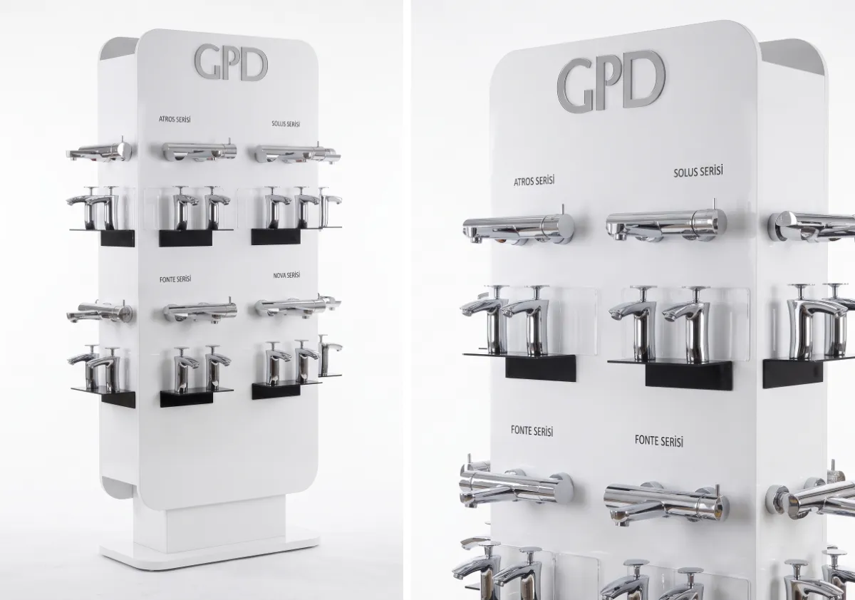 GPD Ahşap Armatür Standı – armatür ve banyo donanımları için özel satış noktası standı