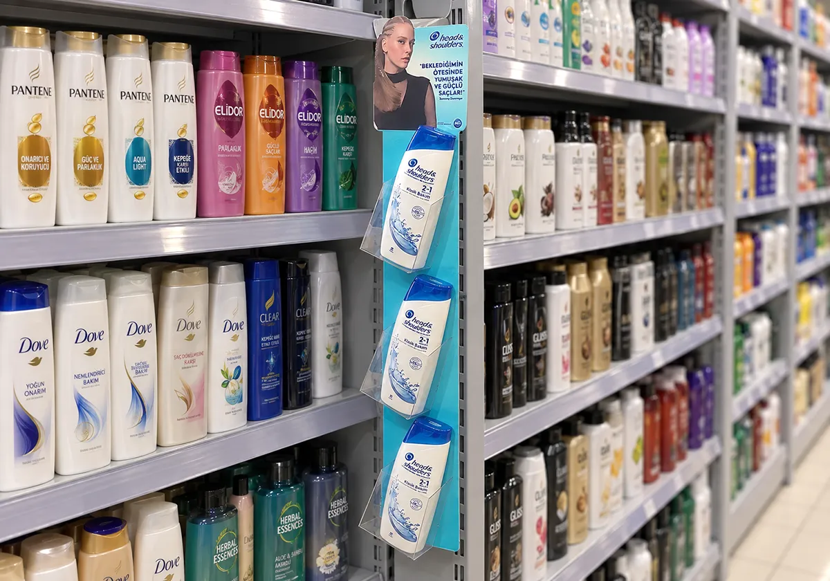 Head & Shoulders Asalak Şampuan Standı; markanın ürünlerini satış noktasında sergileyen profesyonel teşhir uygulaması.