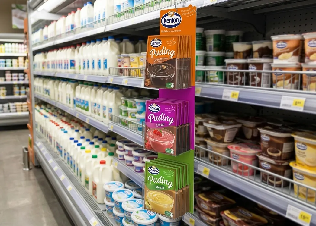 Kenton Asalak Puding Standı – market unlu mamuller koridorları ve pişirme yardımcıları rafları için geliştirilen pvc POSM teşhir uygulaması.