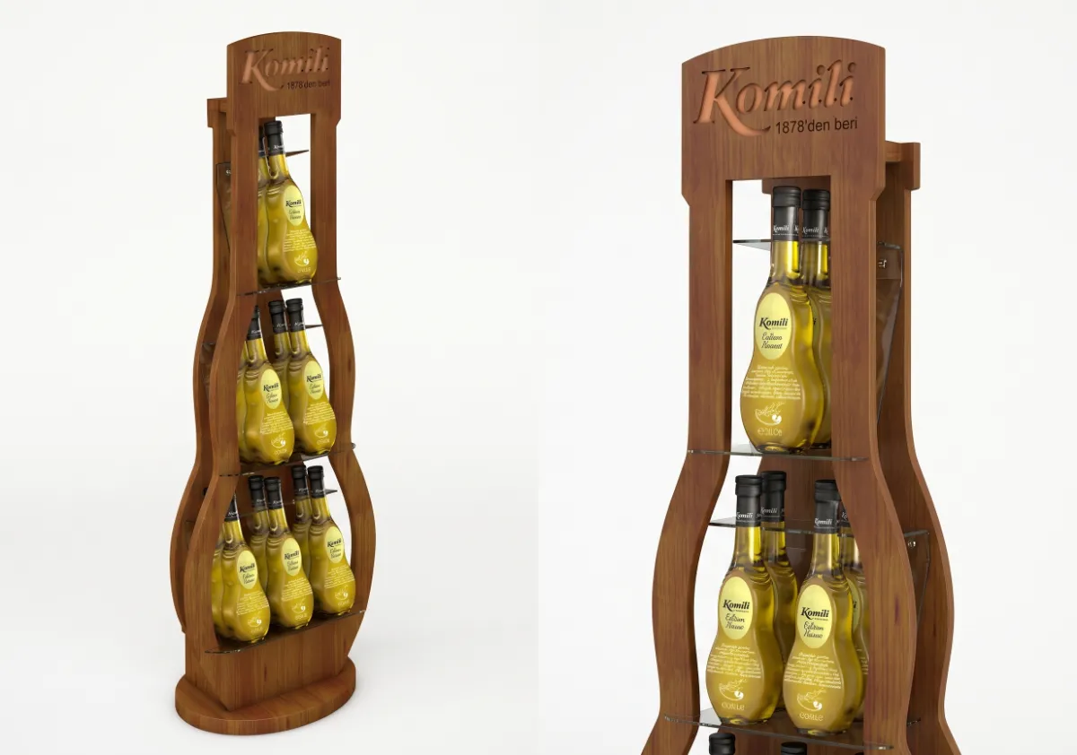 Komili Premium Zeytinyağı Standı – premium zeytinyağı şişeleri için özel satış noktası standı