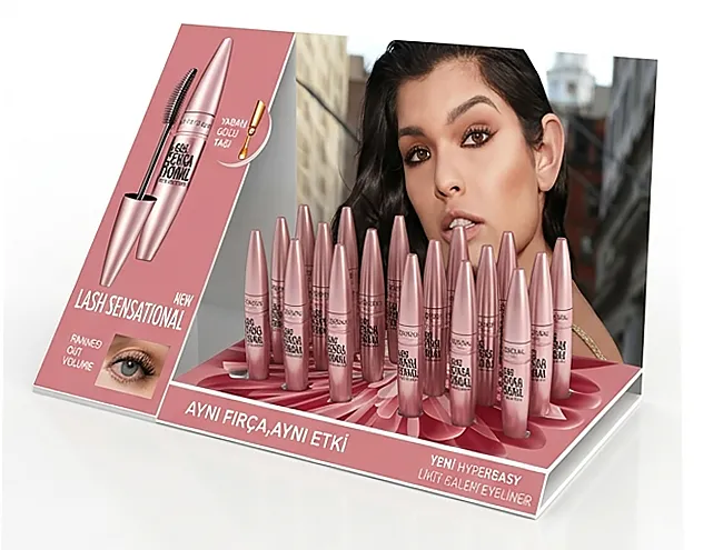 Loreal Lash Sensational Maskara Standı – kozmetik mağazaları, parfümeriler ve güzellik danışma bankoları için geliştirilen pleksi (akrilik) POSM teşhir uygulaması.