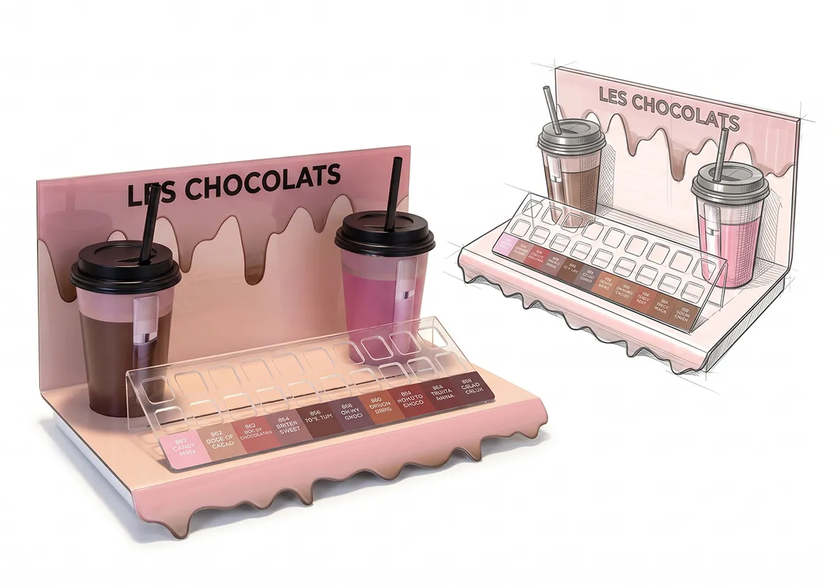 L’Oréal Les Chocolats Kasa Yanı Ruj Standı; markanın ürünlerini satış noktasında sergileyen profesyonel teşhir uygulaması.