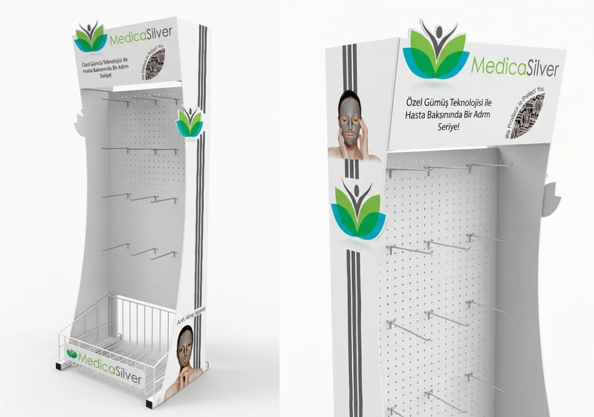 Medicasilver Askılı Metal Stand – eczane raf yanları, medikal mağazalar ve danışma noktaları için geliştirilen metal POSM teşhir uygulaması.