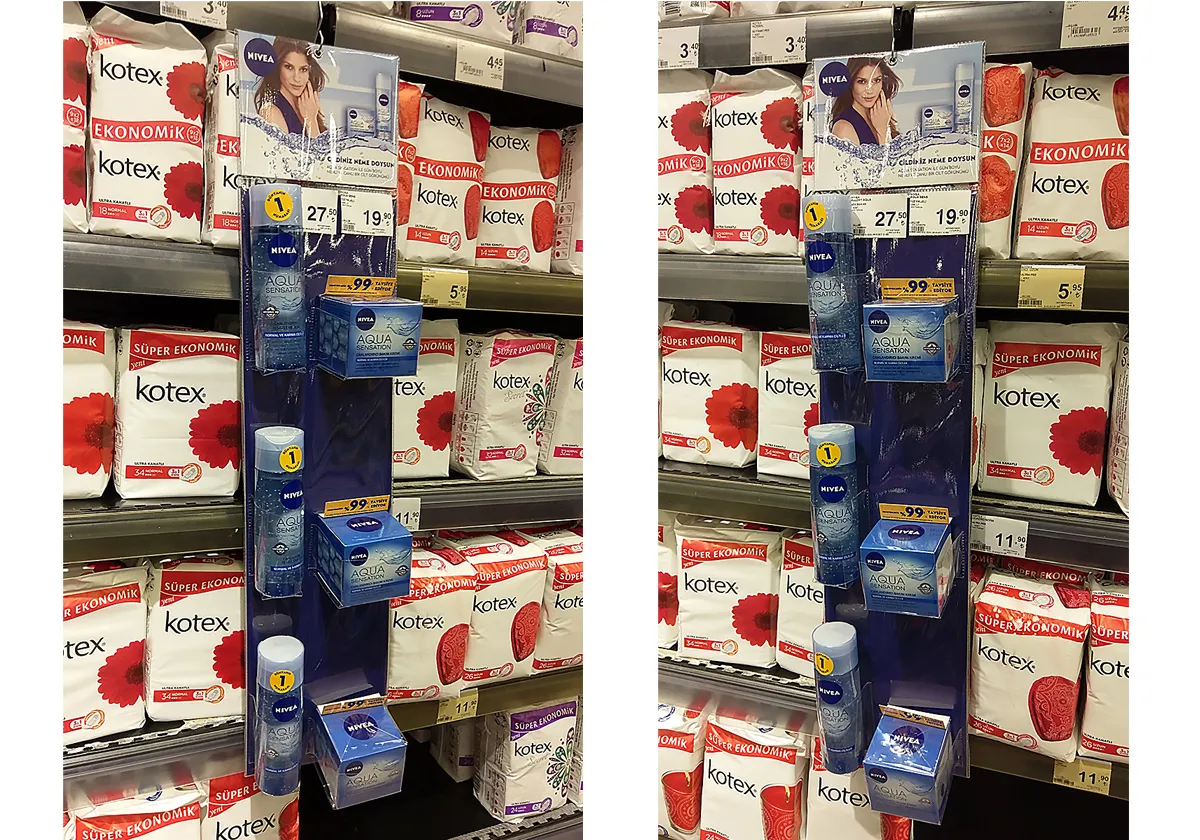 Nivea Şeffaf Cepli PVC Asalak Stand; markanın ürünlerini satış noktasında sergileyen profesyonel raf yanı teşhir uygulaması.