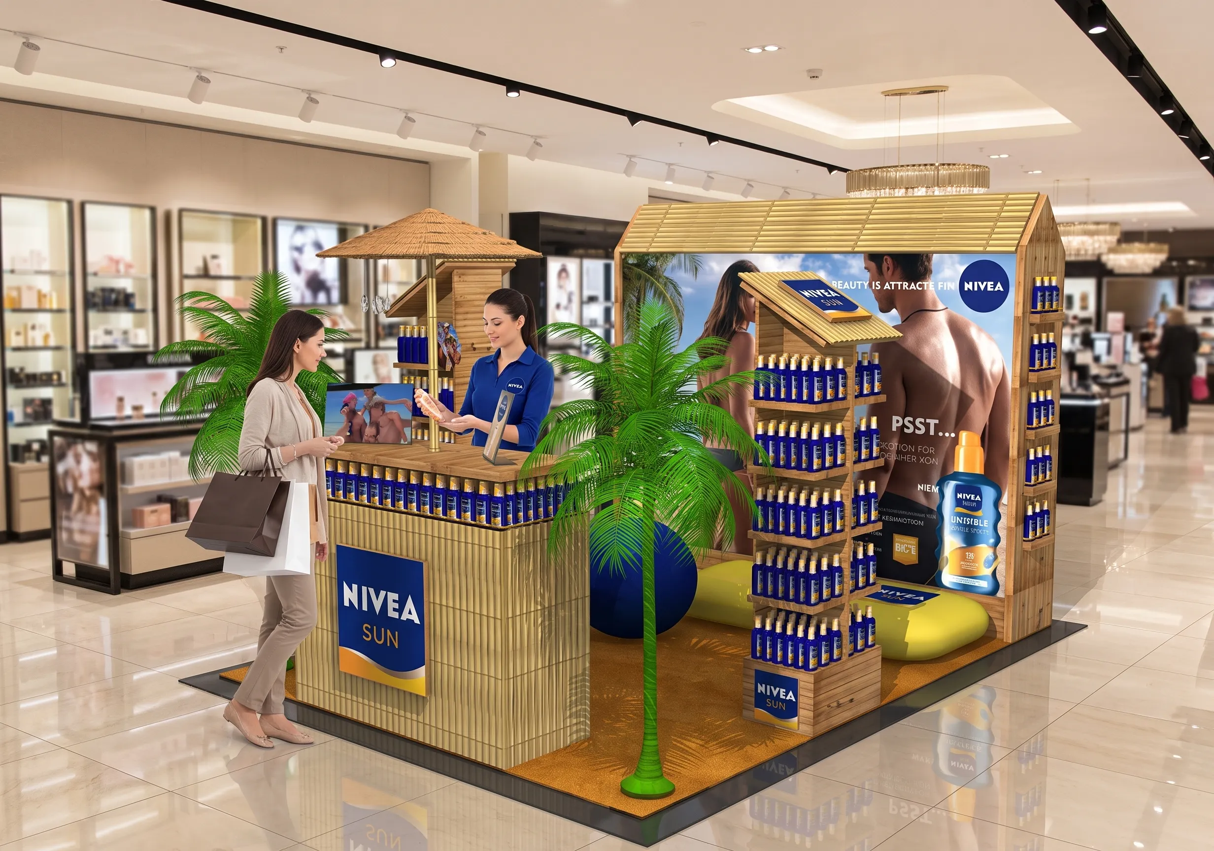 Nivea Sun güneş koruyucu ürünlerini tropik tatil atmosferi içinde sergileyen; danışma bankosu, ürün rafları ve deneyim alanı bulunan mağaza içi aktivite standı.