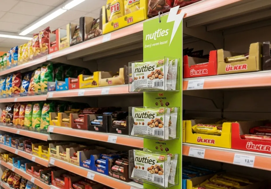 Nutties paketli atıştırmalıklar için market rafına takılan asalak stand