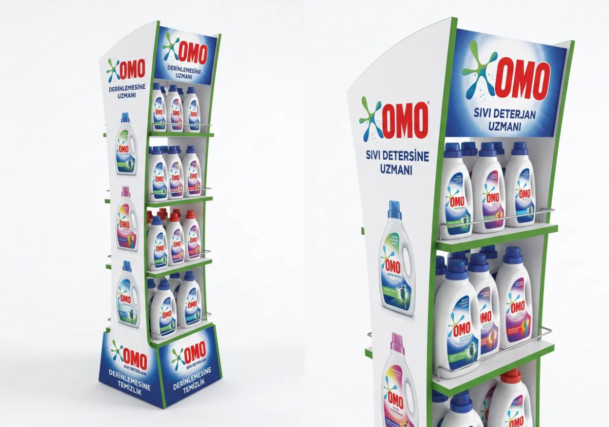Omo Ayaklı Ahşap Deterjan Standı – Omo markası için özel tasarım teşhir standı
