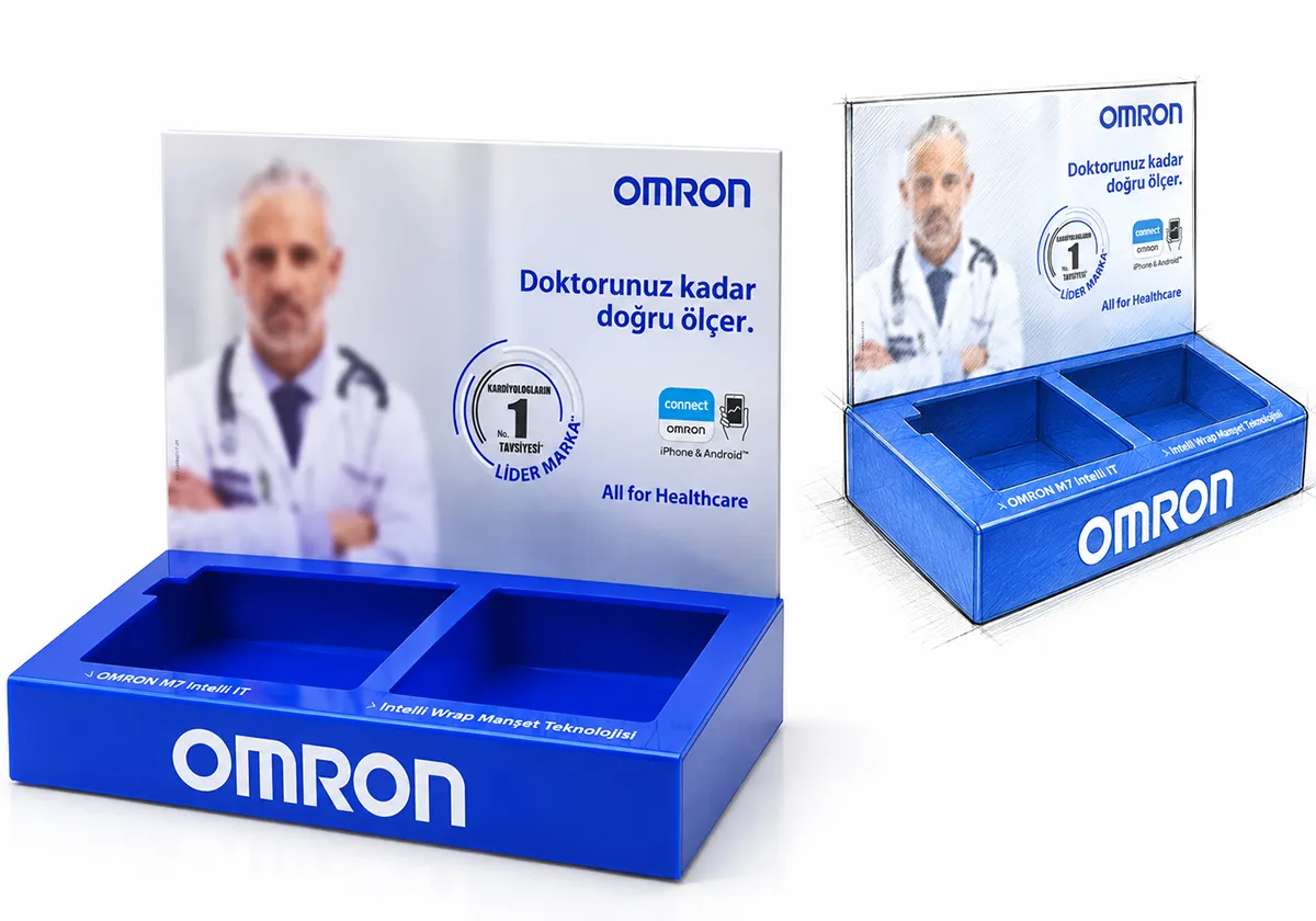 Omron Kasa Yanı Tansiyon Aleti Standı; markanın ürünlerini satış noktasında sergileyen profesyonel teşhir uygulaması.