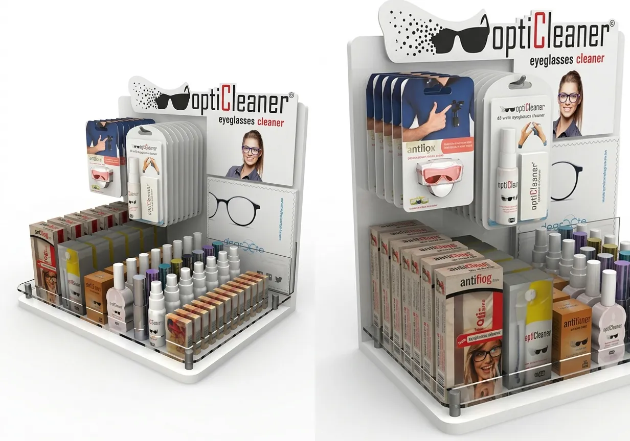 Opti Cleaner gözlük temizleyici ürünleri için tezgâh üzeri stand