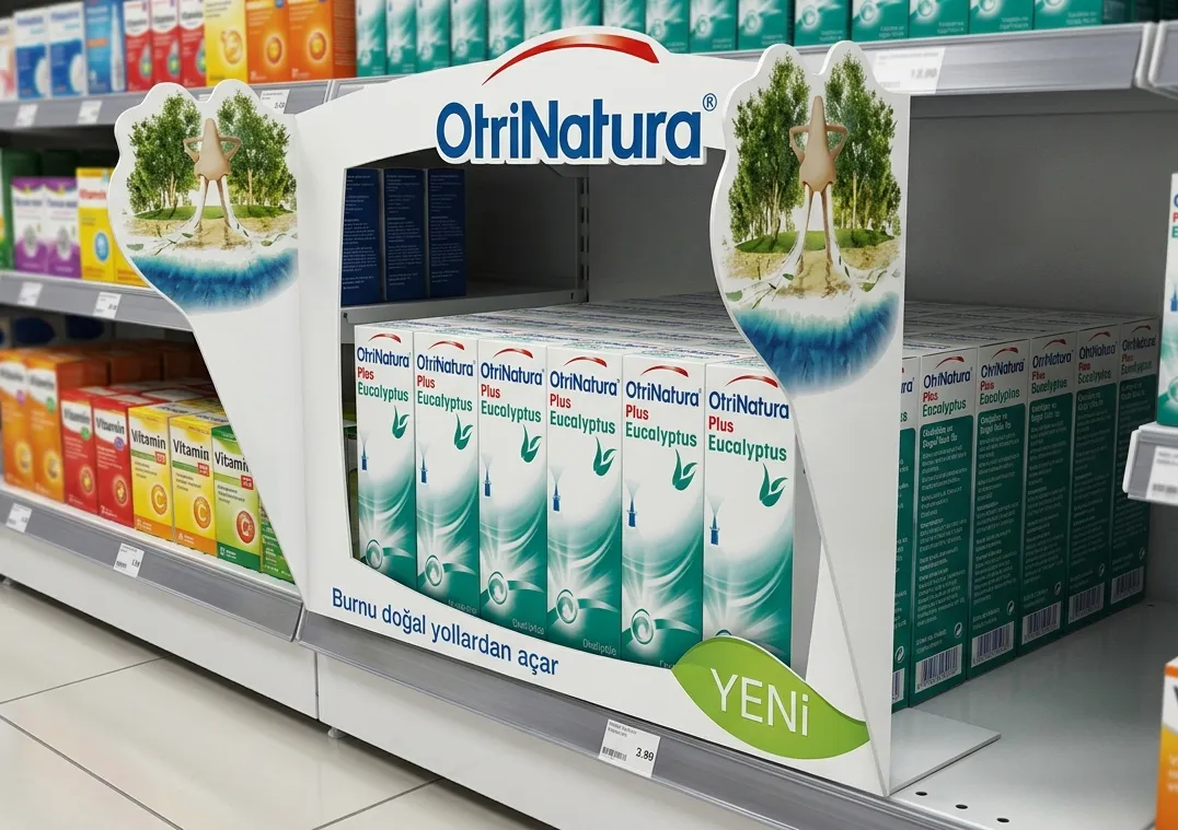 OtriNatura ürünleri için seperatörlü eczane raf çerçevesi uygulaması