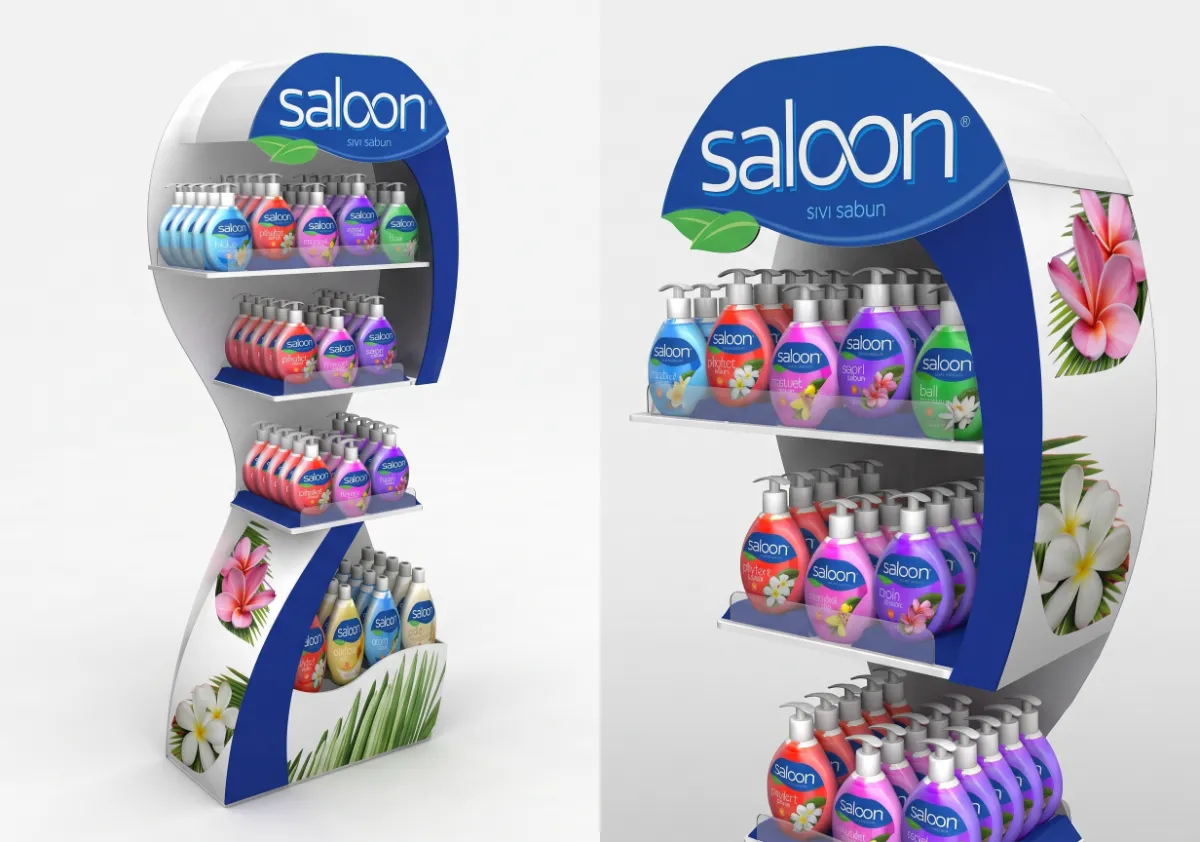 Saloon Ayaklı Sıvı Sabun Standı – sıvı sabun ve el temizliği ürünleri için özel satış noktası standı