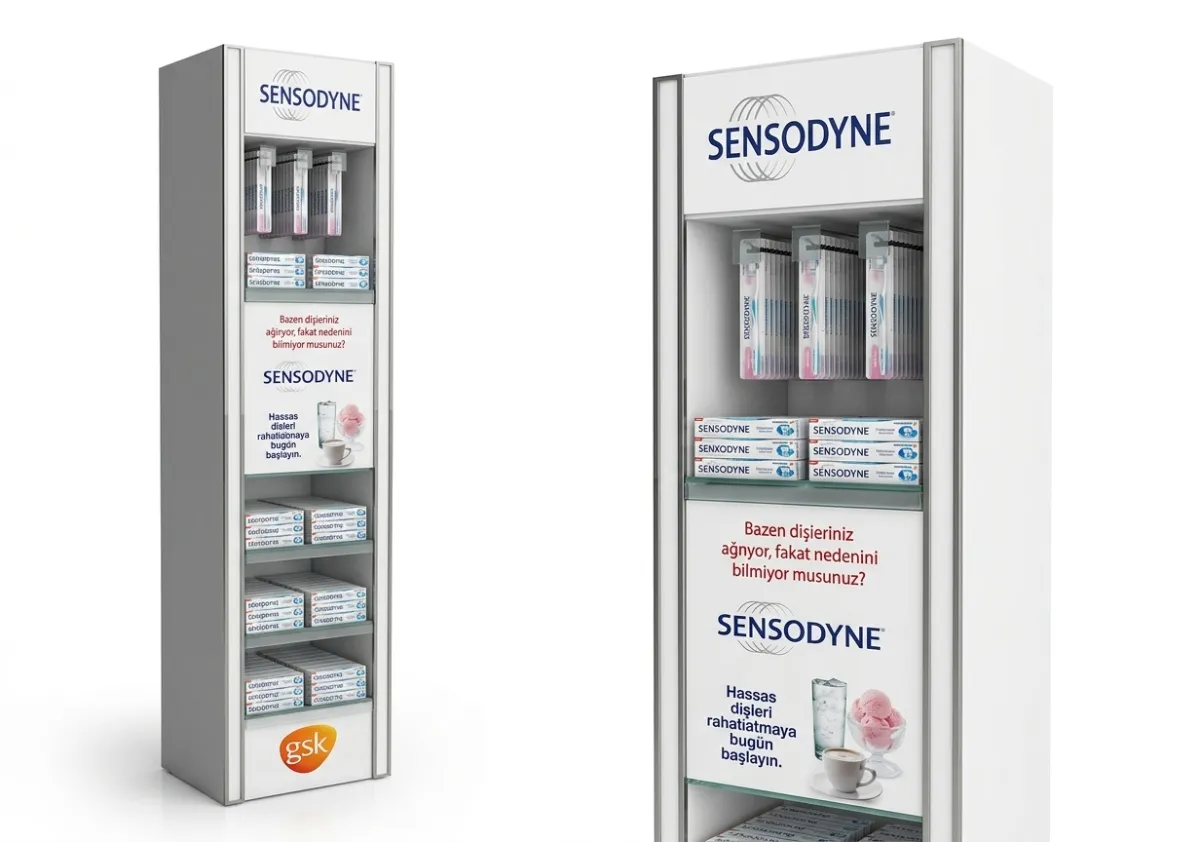 Sensodyne Kolon Tipi Stand – eczaneler, süpermarketler ve kişisel bakım mağazaları için geliştirilen metal POSM teşhir uygulaması.