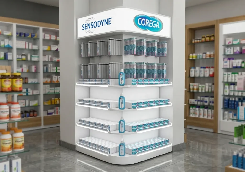 Sensodyne L Tipi Reyon Giydirme Ünitesi – zincir marketlerin ağız bakım reyonları ve kişisel bakım mağazaları için geliştirilen karma malzeme POSM teşhir uygulaması.