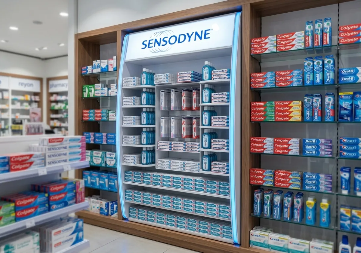 Sensodyne Reyon Giydirme – hipermarketler ve kişisel bakım zincirlerinin ağız bakım reyonları için geliştirilen karma malzeme POSM teşhir uygulaması.
