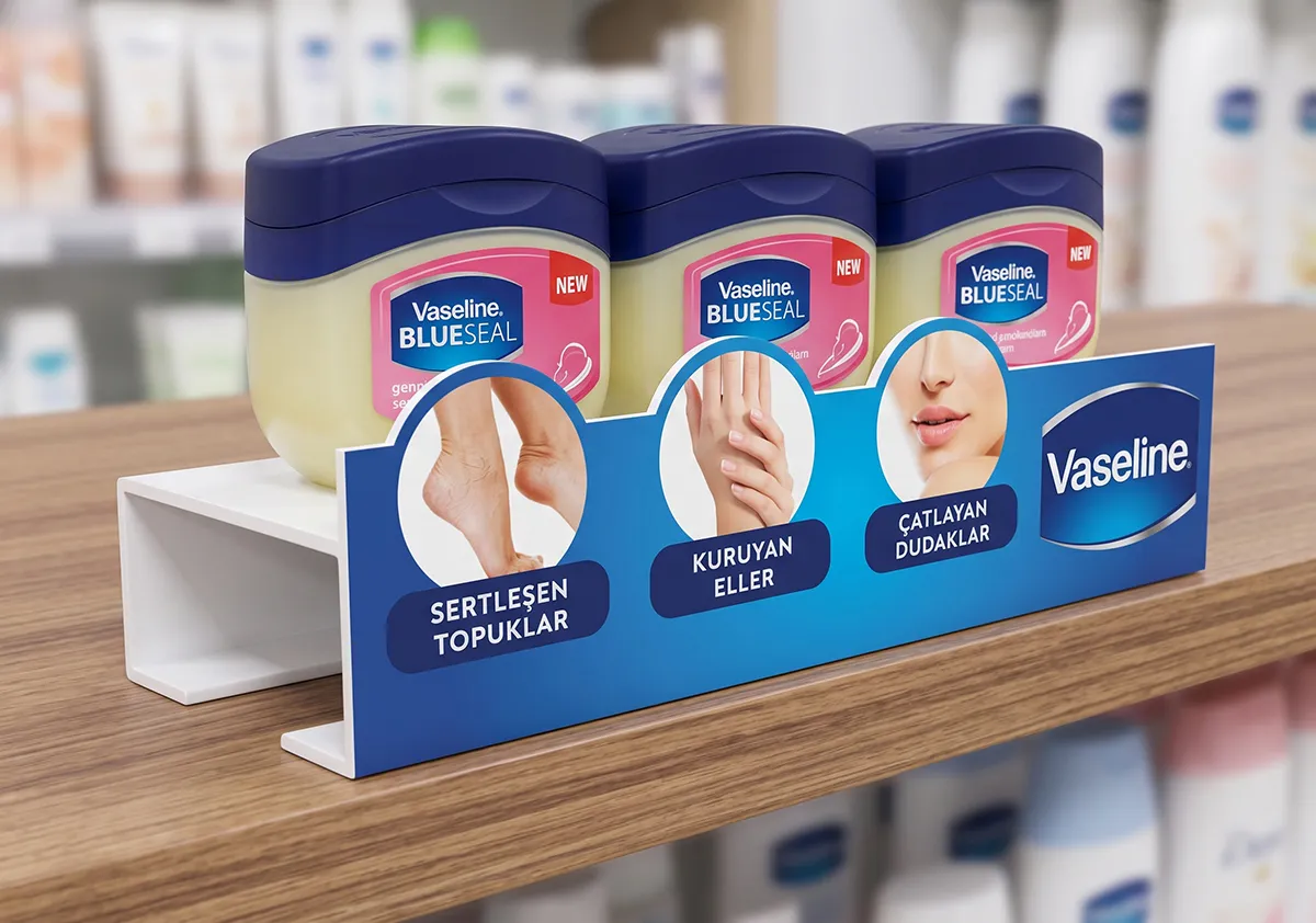 Vaseline Raf Tepsisi; markanın ürünlerini satış noktasında sergileyen profesyonel teşhir uygulaması.