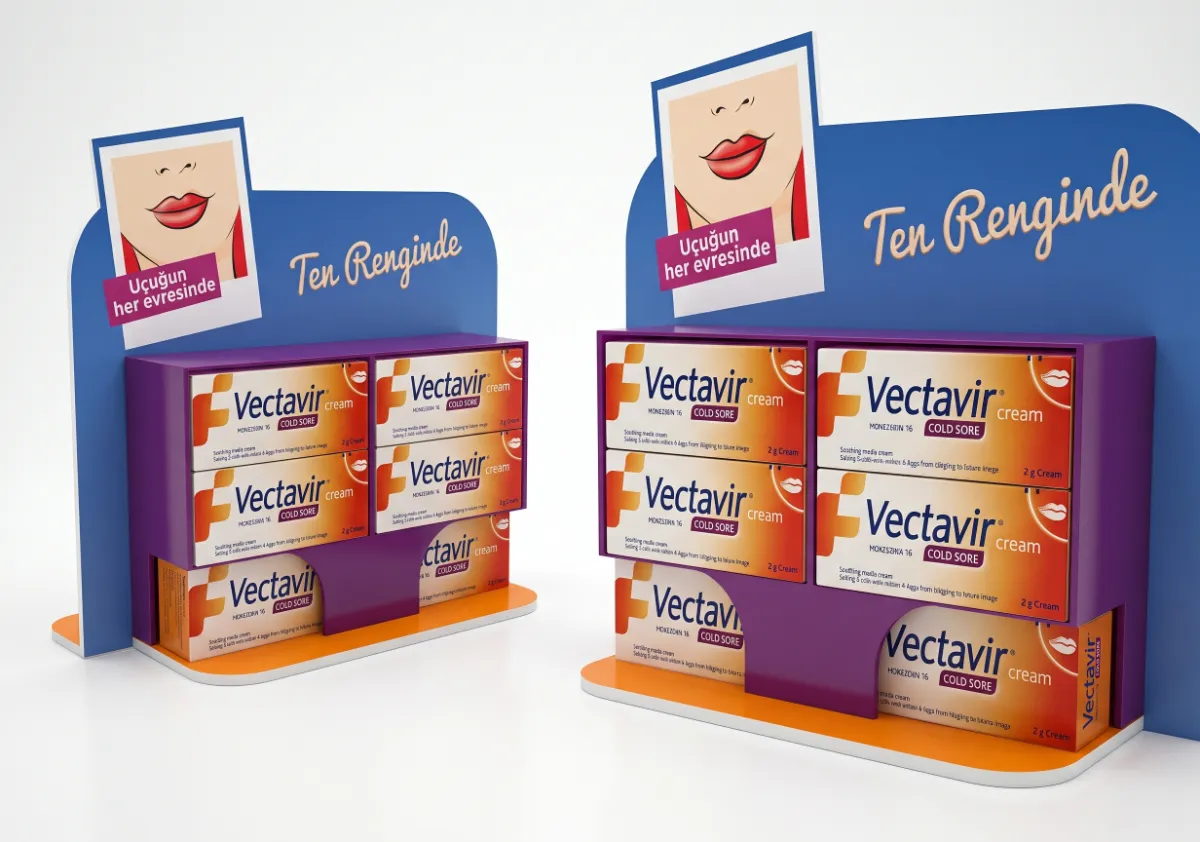 Vectavir ürünleri için eczane tezgâhında kullanılan dispenser stand
