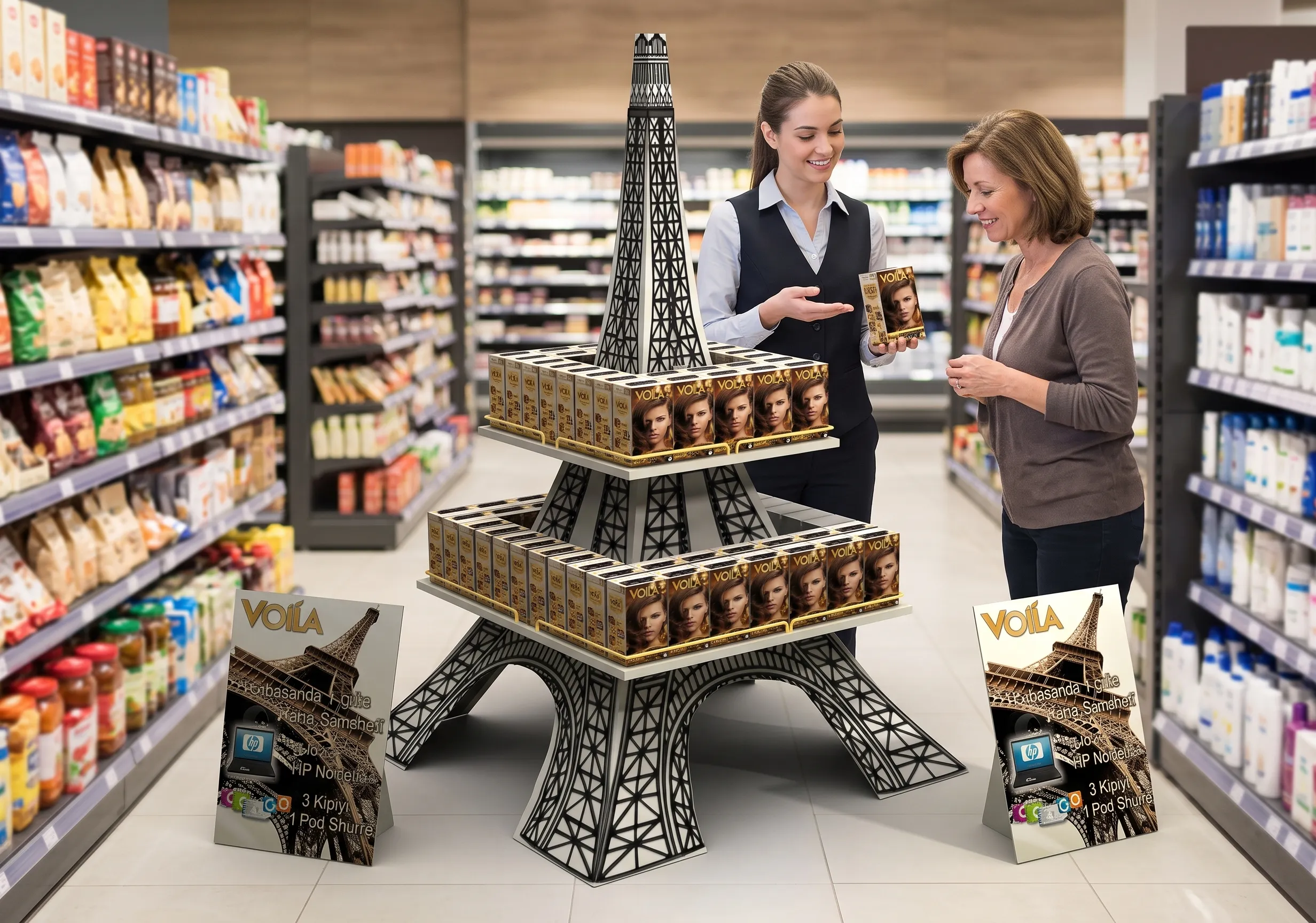 Voila saç boyası ürünlerini Eiffel Kulesi biçimindeki metal konstrüksiyon üzerinde iki katlı çevresel raflarda sergileyen, yarışma iletişimli etkinlik standı.